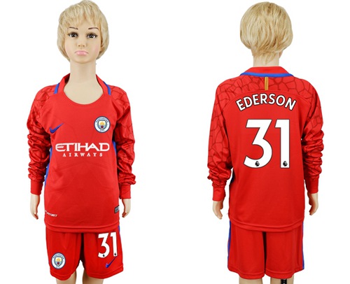 Manchester City #31 Ederson Red Goalkeeper Long Sleeves Kid Soccer Club Jersey - Click Image to Close
